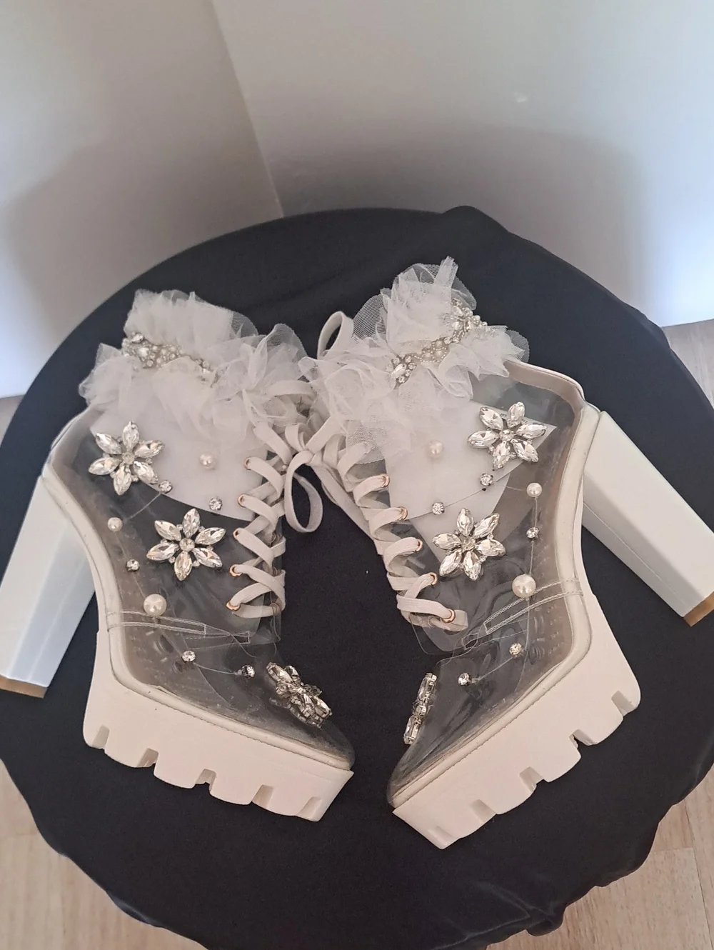 Devine Luz White Embellished Clear Beautiful Platform Heels